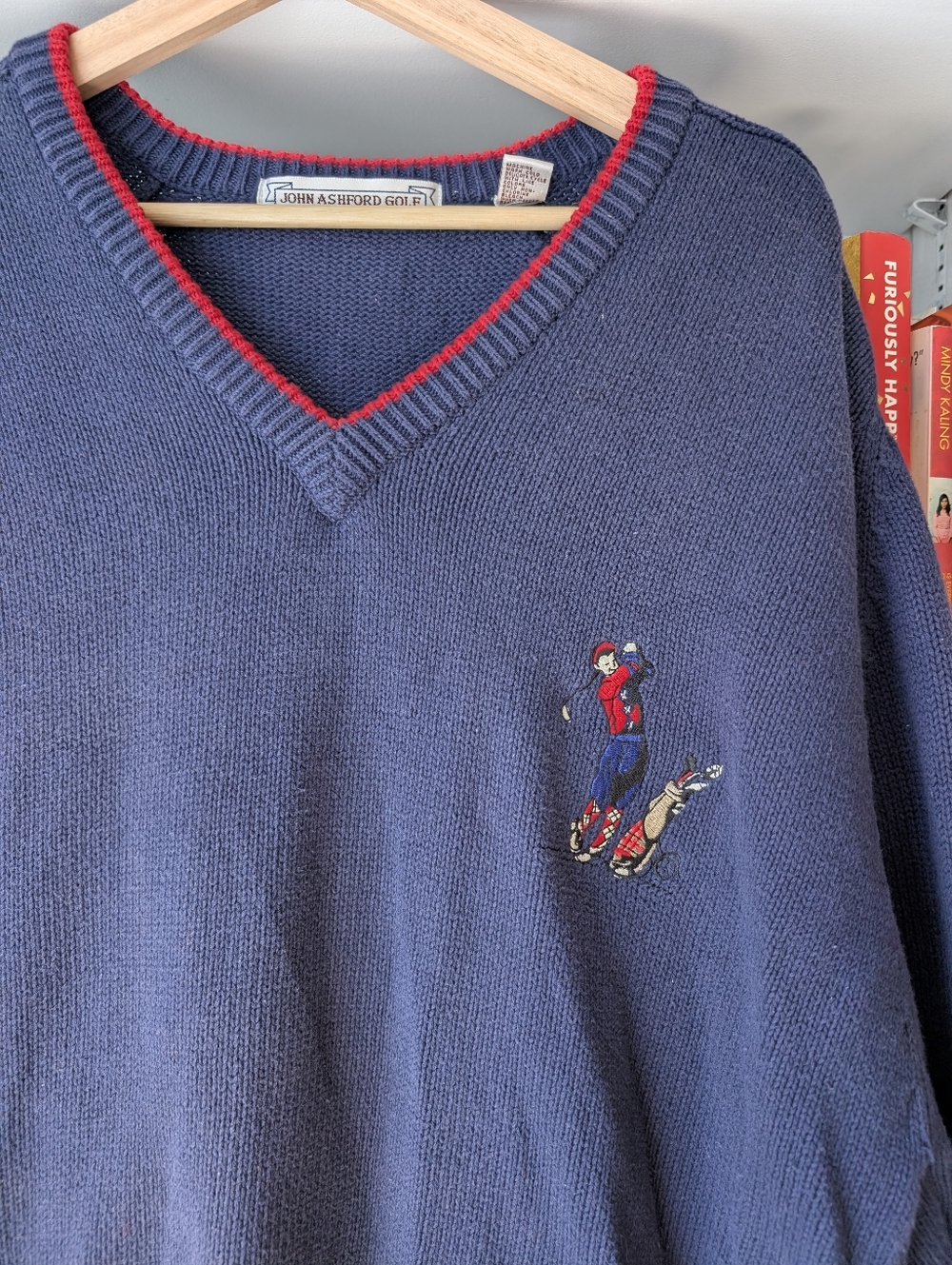 Vintage V-Neck Sweater Navy Red Trim Novelty Golf Embroidered Cotton Size XXL - Picture 3 of 8